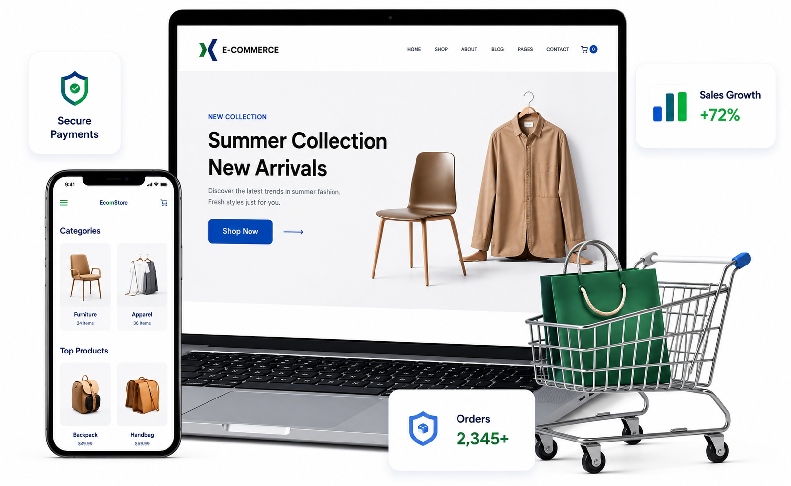 E-commerce development illustration with laptop, shopping cart and analytics badges