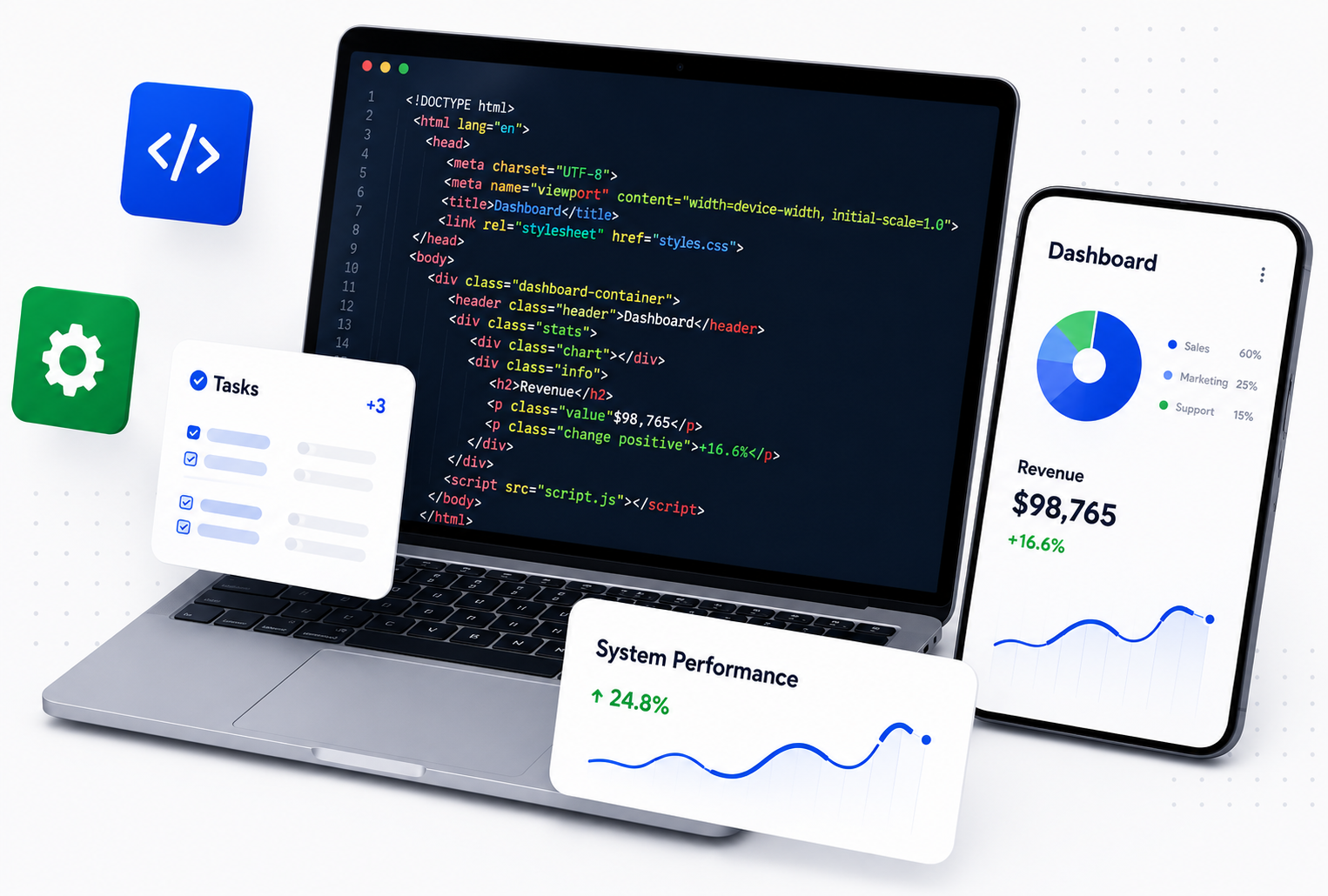 Software development illustration with laptop, smartphone and tech cards