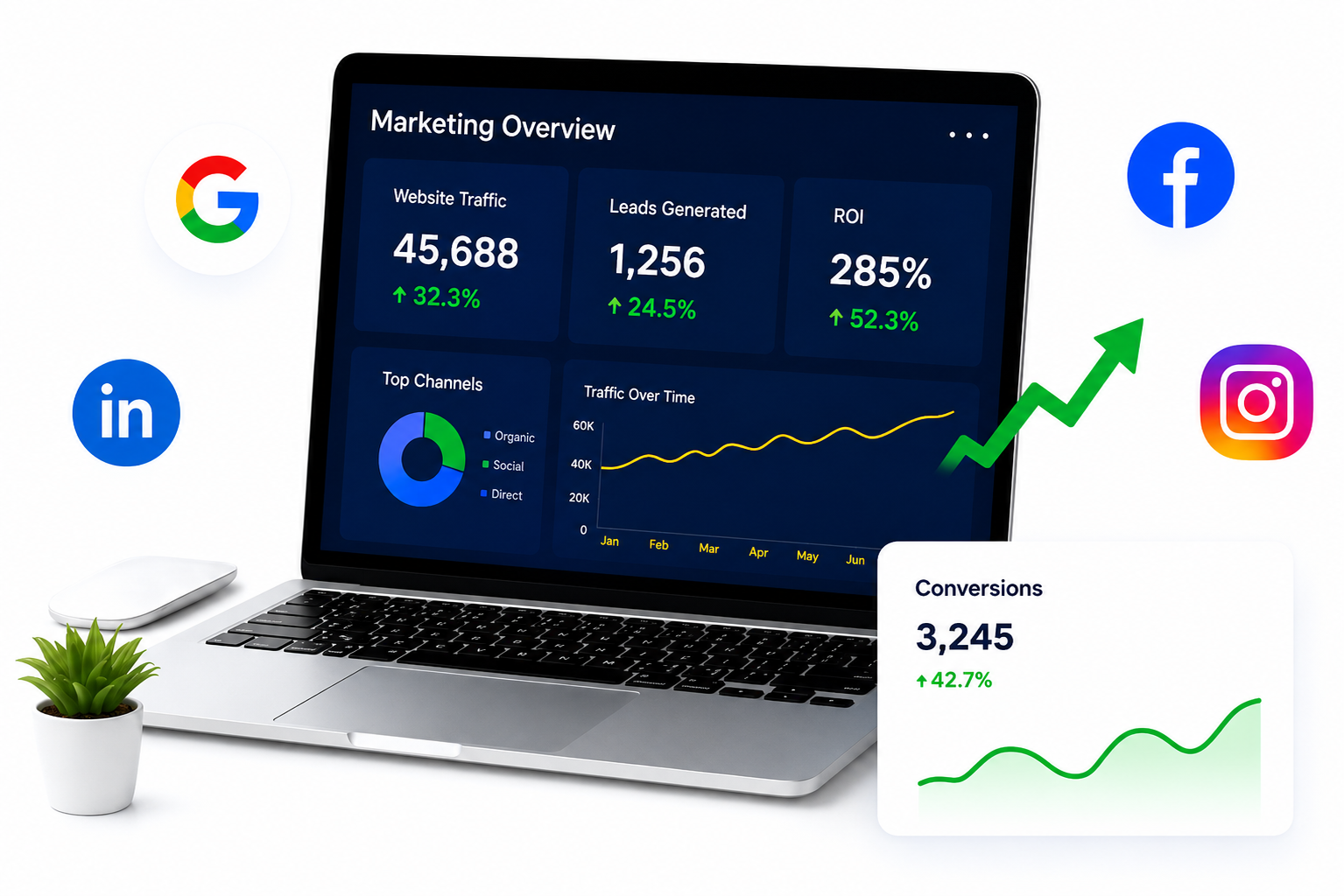 Digital marketing illustration with analytics dashboard, social icons and growth arrow